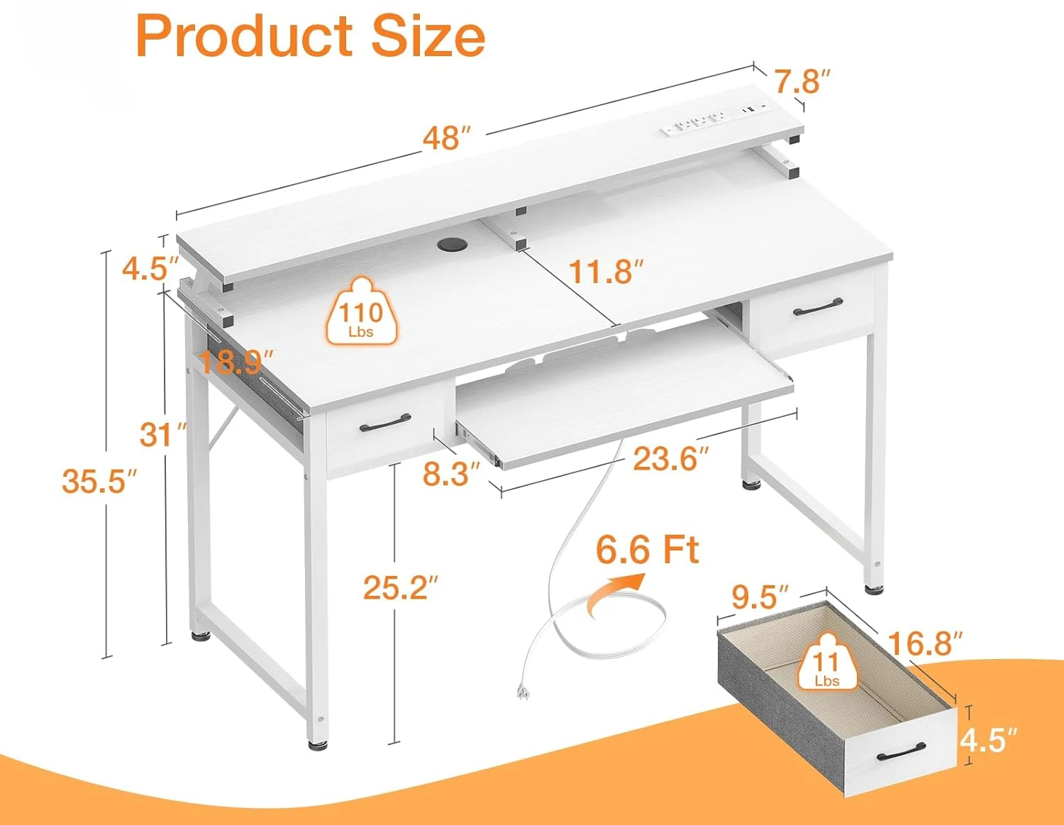 White Computer Desk with Drawers, 48 Inch Office Desk with Power Outlet with Keyboard Tray, Study Table Work Shelf
