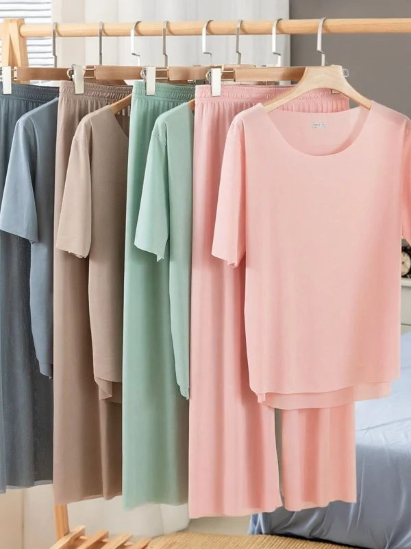 Casual Summer Thin Short Sleeve Home Clothes Set for Men And Women Seamless Couple Sleepwear Ice Silk Cool Feeling Leisure