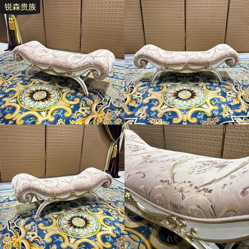 For French European Embroidered Bedside Stool Solid Wood Bench Fabric Ottoman Bedroom Living Room Furniture Decorative Seat