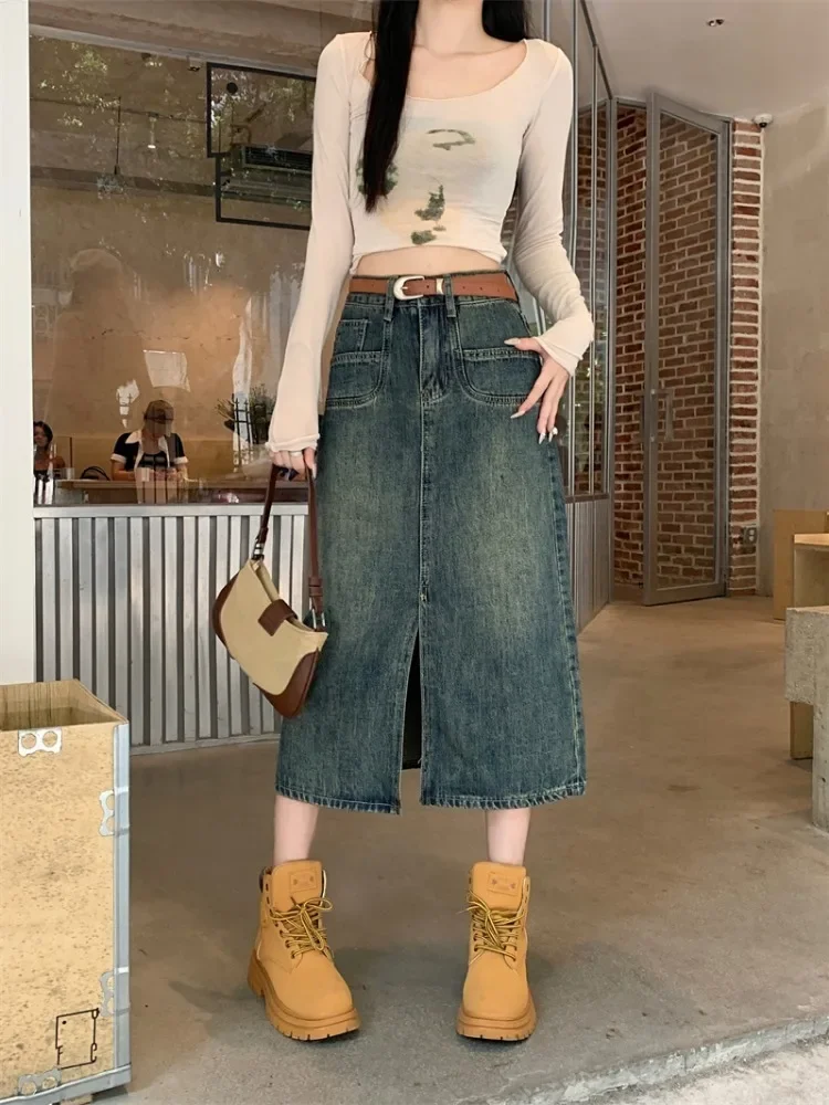 

Denim Long Skirts for Women High Waist Skirts Woman Fashion 2024 Faded Slit Skirt Women Autumn A-line Skirt Woman F80