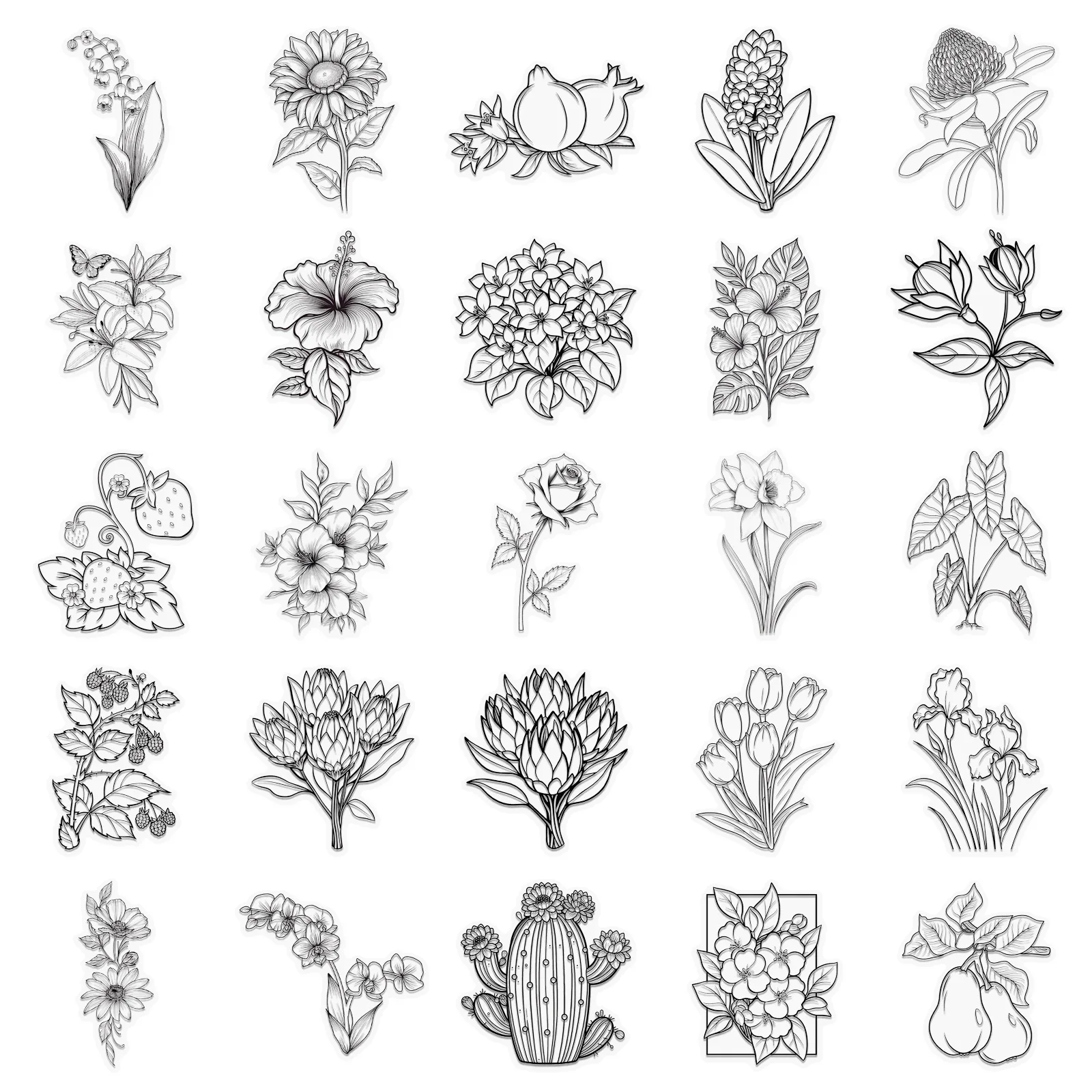 50 Uds. De flores de plantas de estilo blanco y negro, Material PET, taza de agua decorativa, monopatín, refrigerador, pegatinas impermeables, juguete para niños