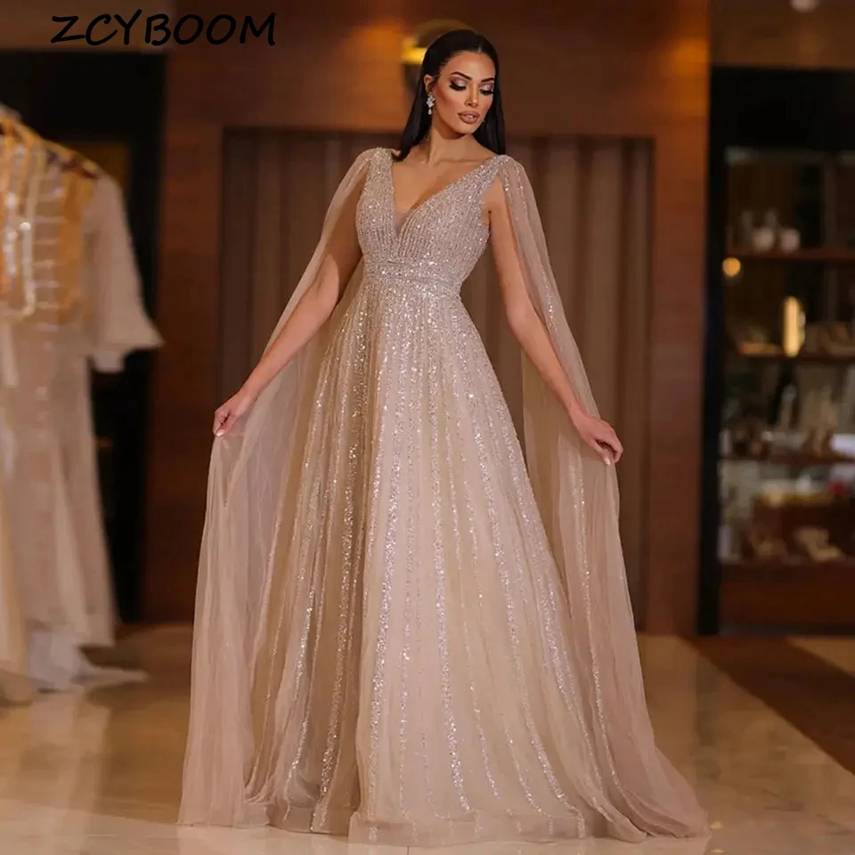 Elegant 2024 Tulle Formal Dresses V-neck Sequined Cap Sleeves Evening Dresses for Women Party Dress Court Train Prom Dress