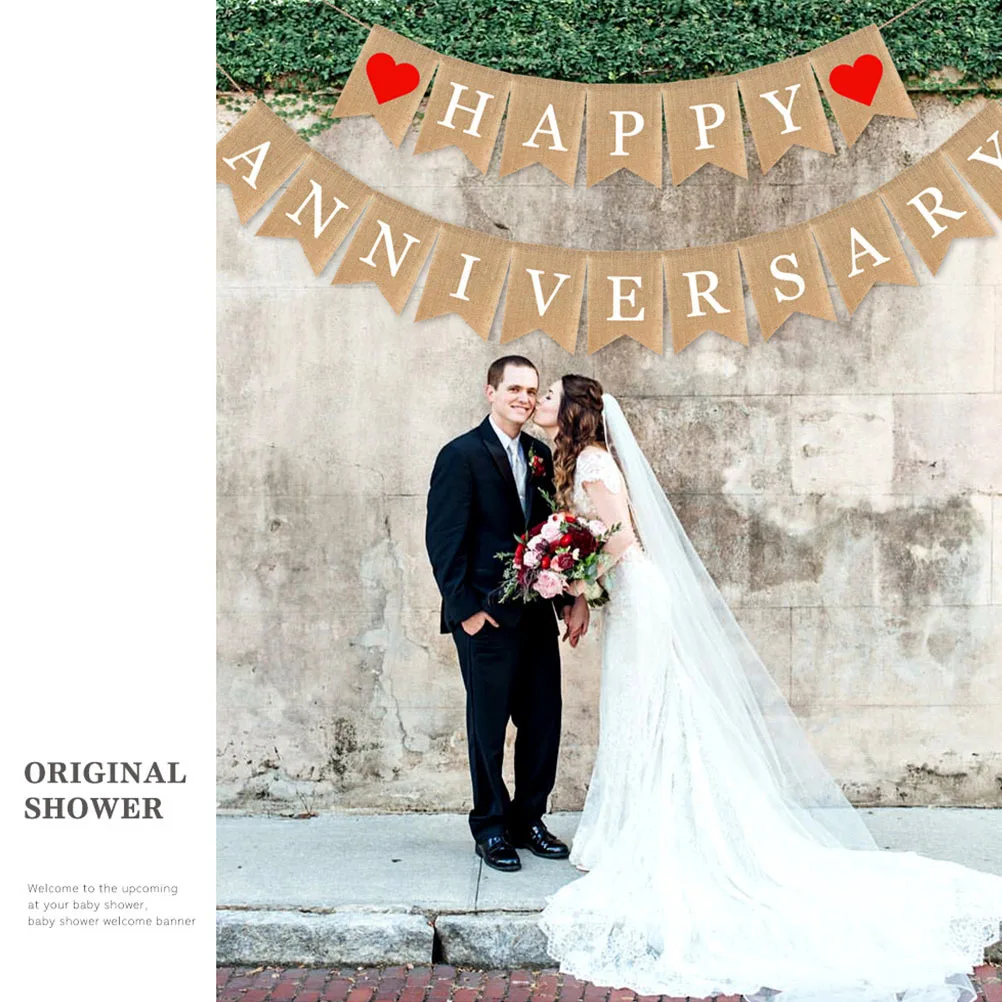 

Happy Anniversary Banner Red Heart Print Linen Fish Tail Bunting Party Decoration Photo Background Wedding Event Prop