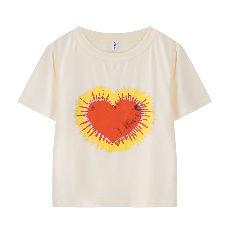 Retro American Vintage Wheat Color Heart Short Sleeve T-Shirt Women's Summer Short Style Versatile Streetwear round Neck