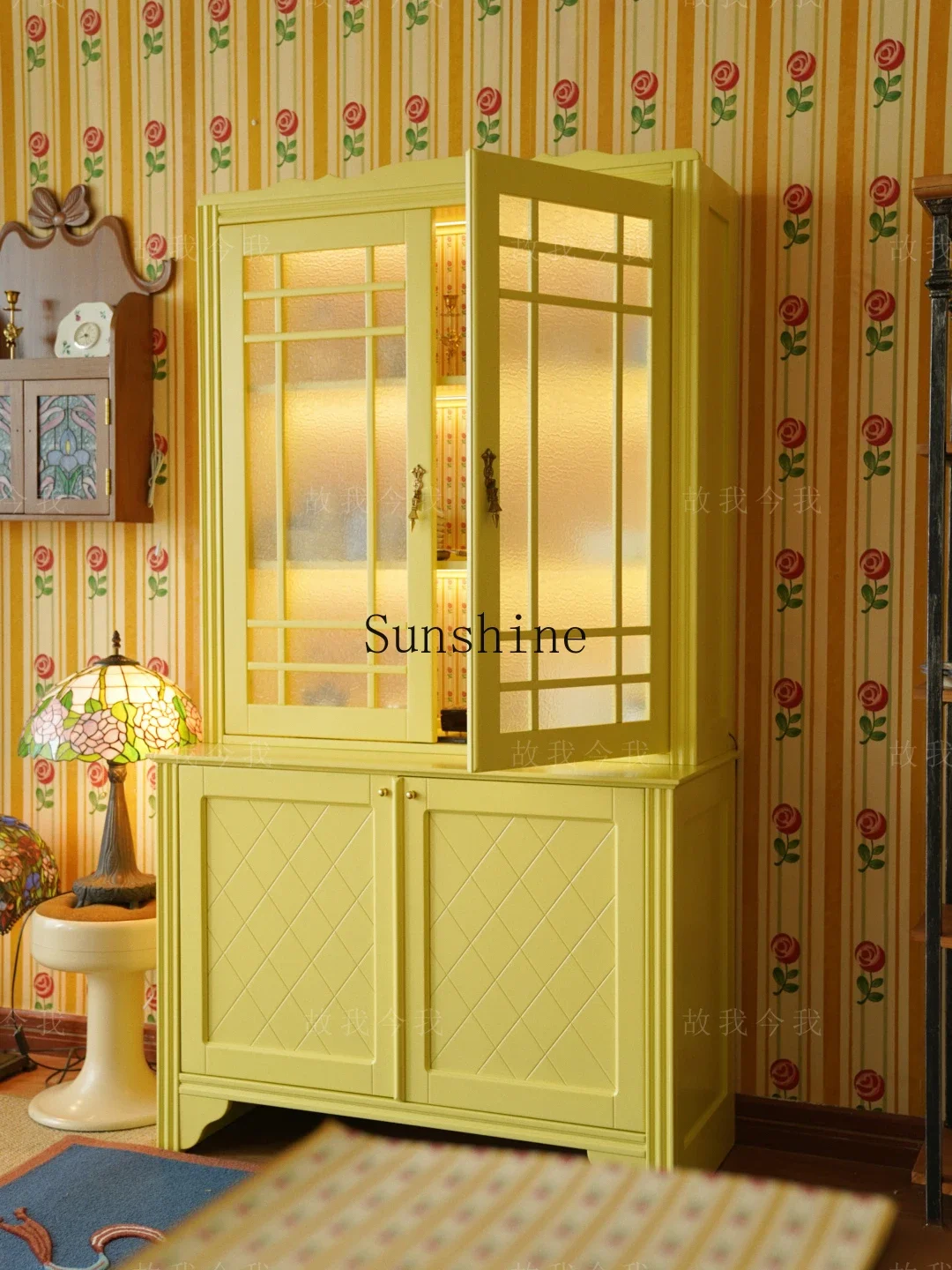 Solid wood split storage milk yellow display cabinet