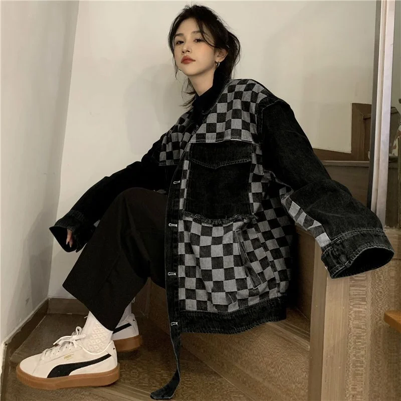 Deeptown Denim Jacket Women Oversized Korean Fashion Streetwear Black Vintage Plaid Jeans Jackets Chic Elegant Gothic Loose Coat