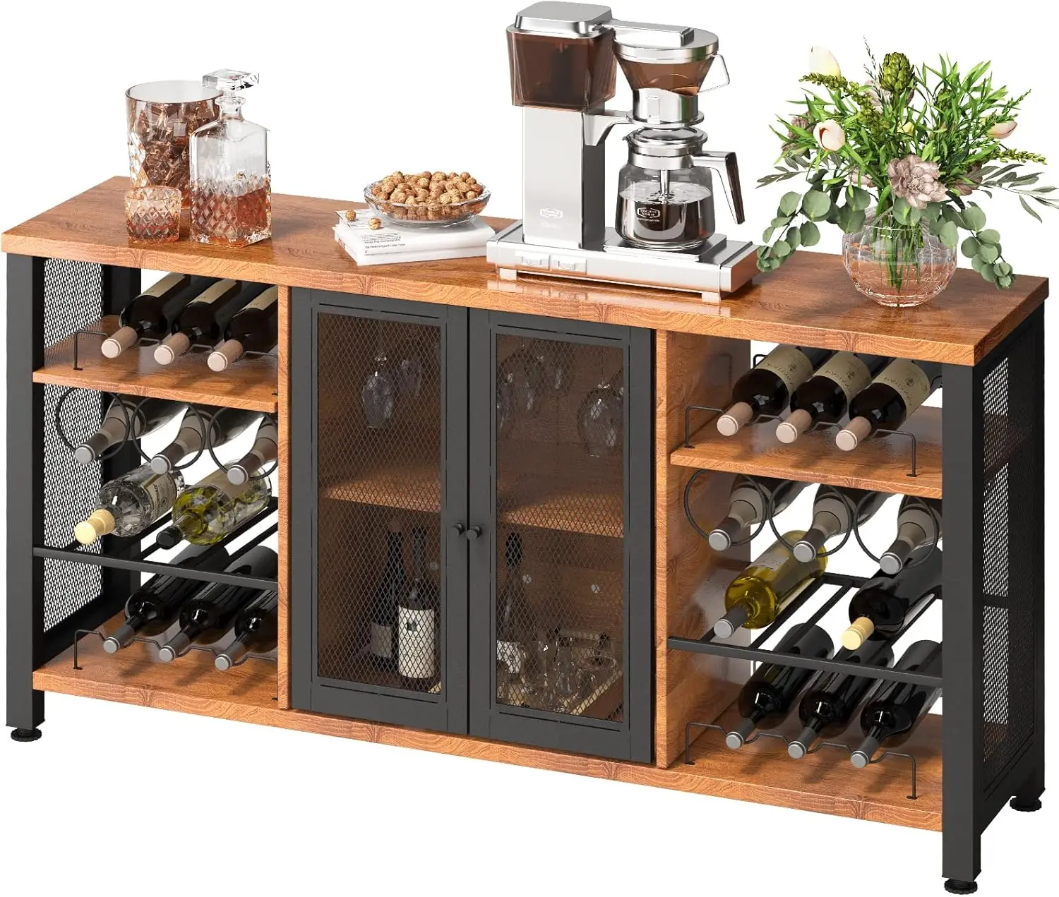 

VEVOR Industrial Bar Cabinet, Wine Table for Liquor with Glass Holder, Wine Rack and Metal Sideboard, Farmhouse Wood Coffee Bar