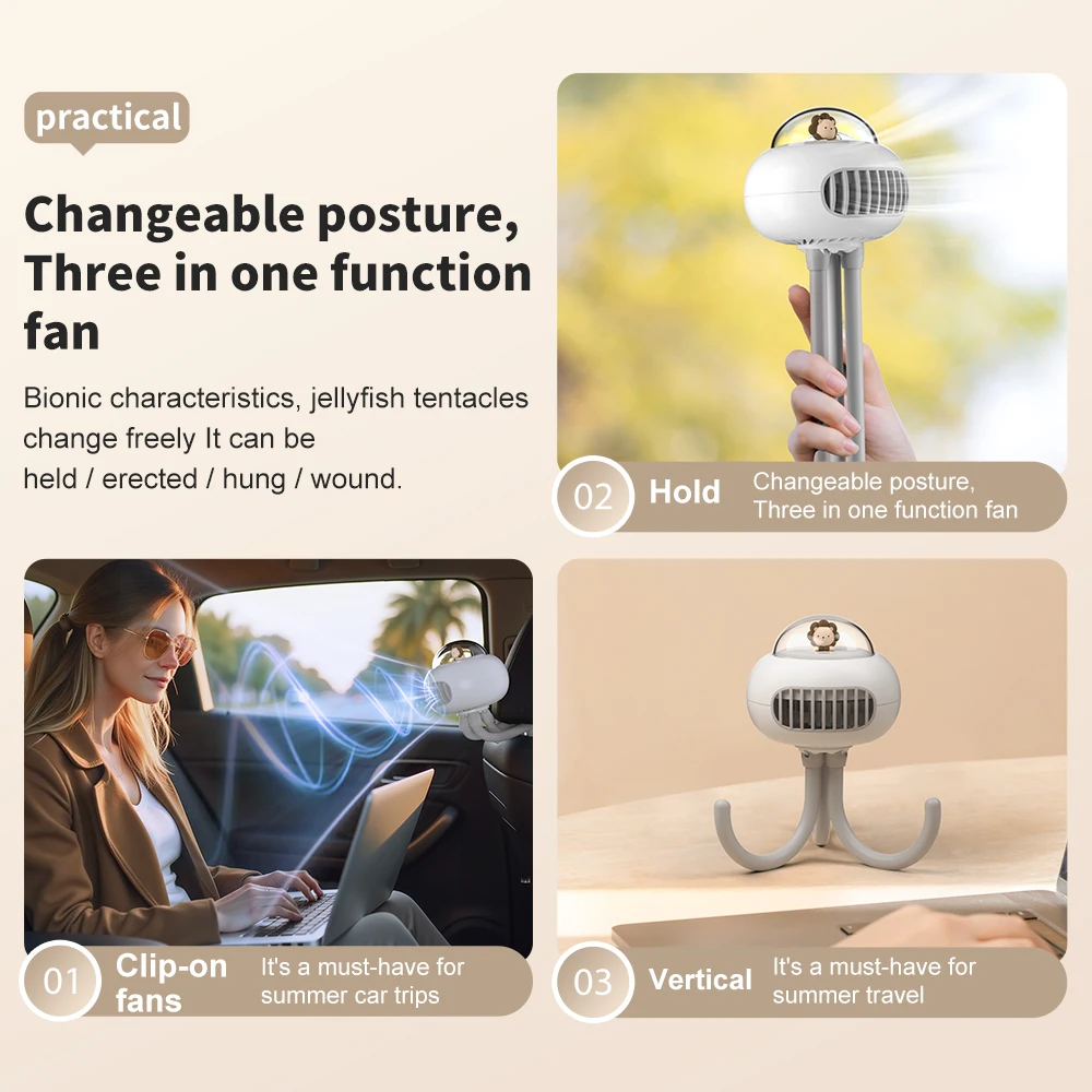 Mini Stroller Fan, Automatic Oscillating Fan, 1200mAh Battery Powered Portable Fan, 3-Speed Flexible Tripod Clip-On Fan for Car