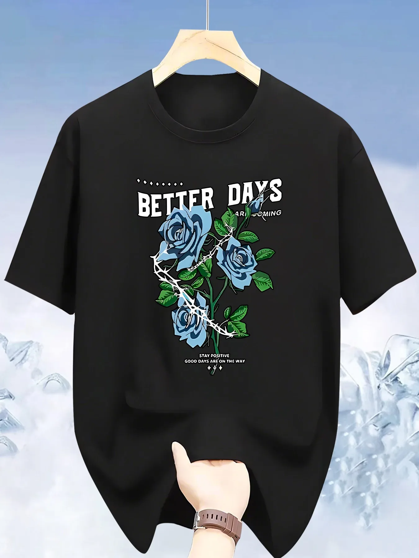 

Men's Black Graphic T-Shirt with Blue Rose Chain Better Days Print Short-Sleeve Top, Soft and Comfortable