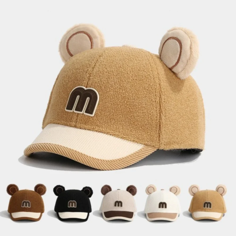 

New Autumn Winter Baby Baseball Hats Cartoon Letter M 2 Ear Colorblock Baseball Caps Thick Plush Hats for Boys Girls