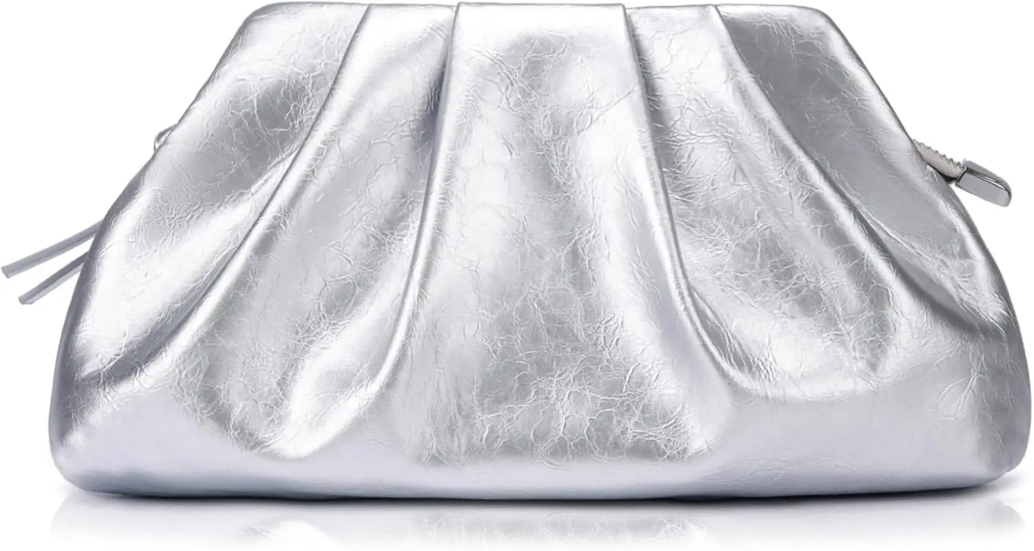 

Genuine Leather Clutch Purses for Women Shiny Pleated Evening Bag With Shoulder Strap Formal Wedding Prom Gifts Box