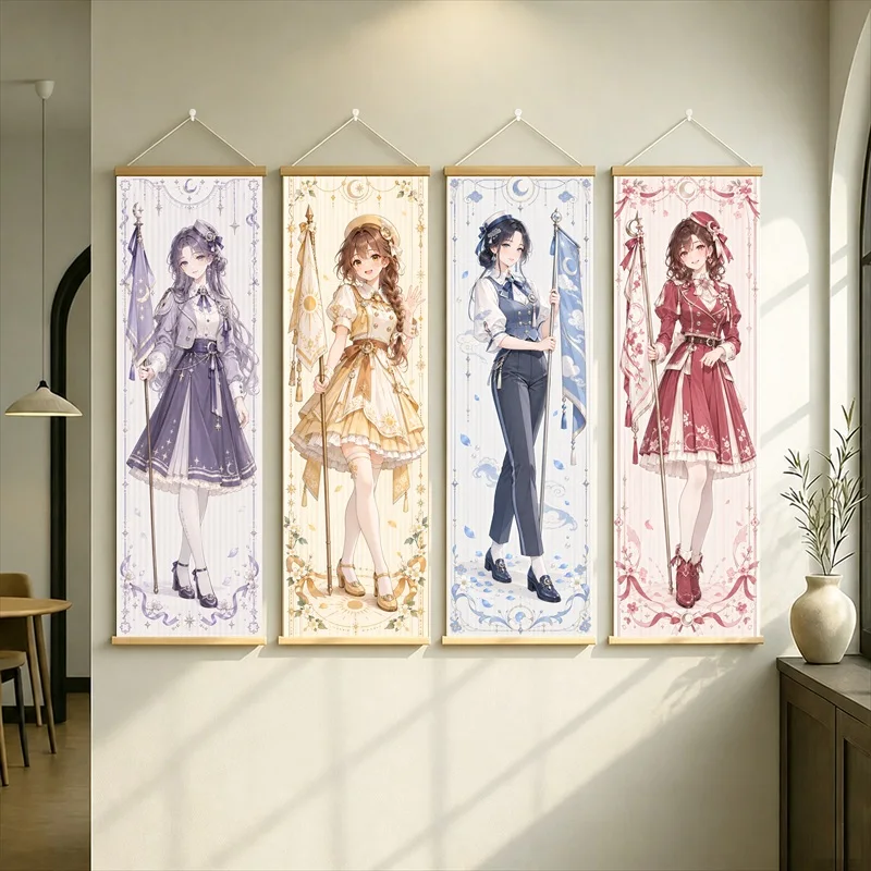 Anime Women in Purple, Gold and Red Dresses with a Navy Suit Hanging Scroll with Soft Floral Borders for a Reading Nook