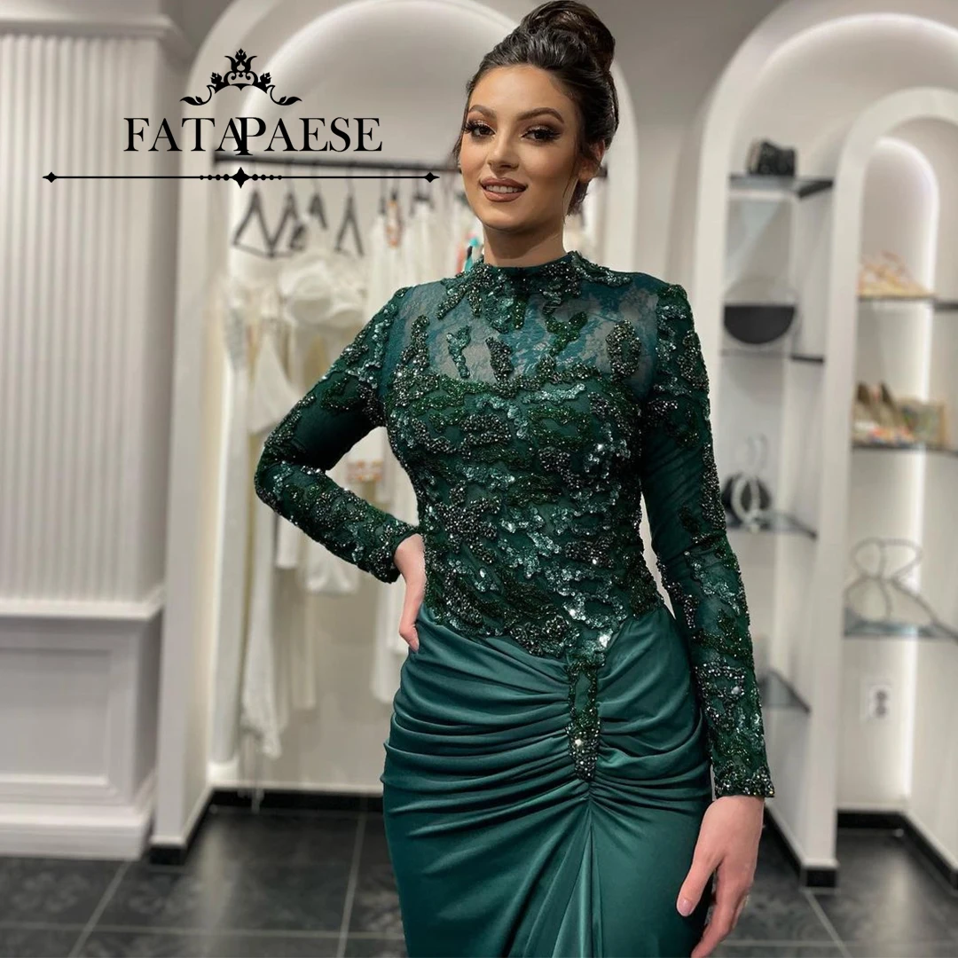 FATAPAESE Customized Evening Dress Higg Neck with Beading Stones Sequins Full Sleeve Maxi Skirt Train Special Occasion Gown