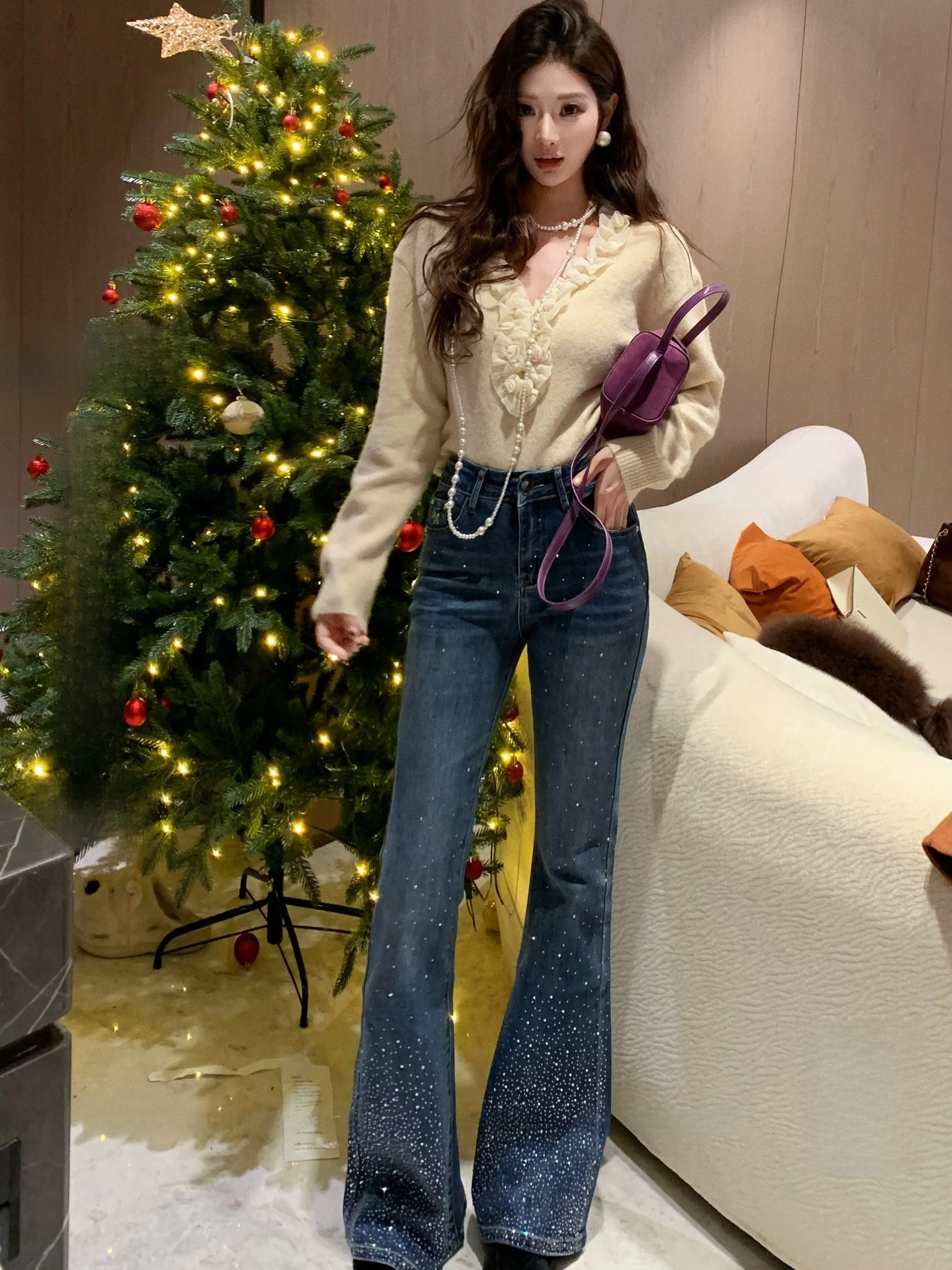 

Новые женские джинсы Dadada с высокой талией, прямые, с декором из страз, из смесового хлопка, теплые, зимние, модные, с высокой посадкой