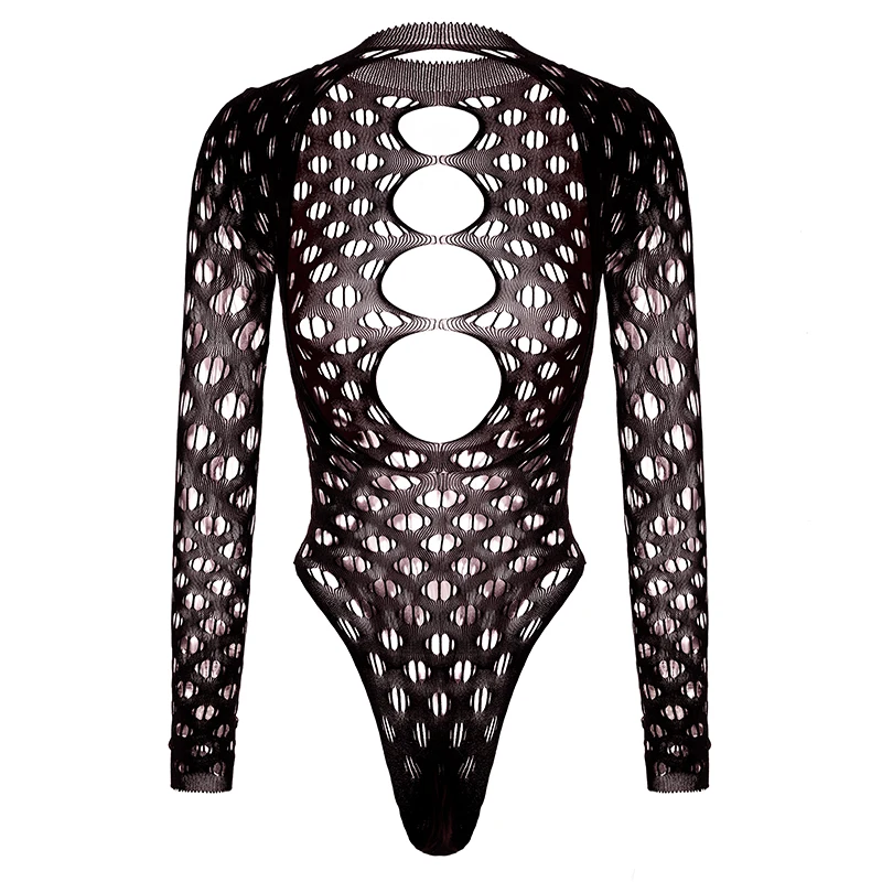 Women Bodysuit Hollow Out Fishnet Beach Cover Up, Sheer Festival Swimwear for Summer Backless Long Sleeves See-through Bodysuit image 4