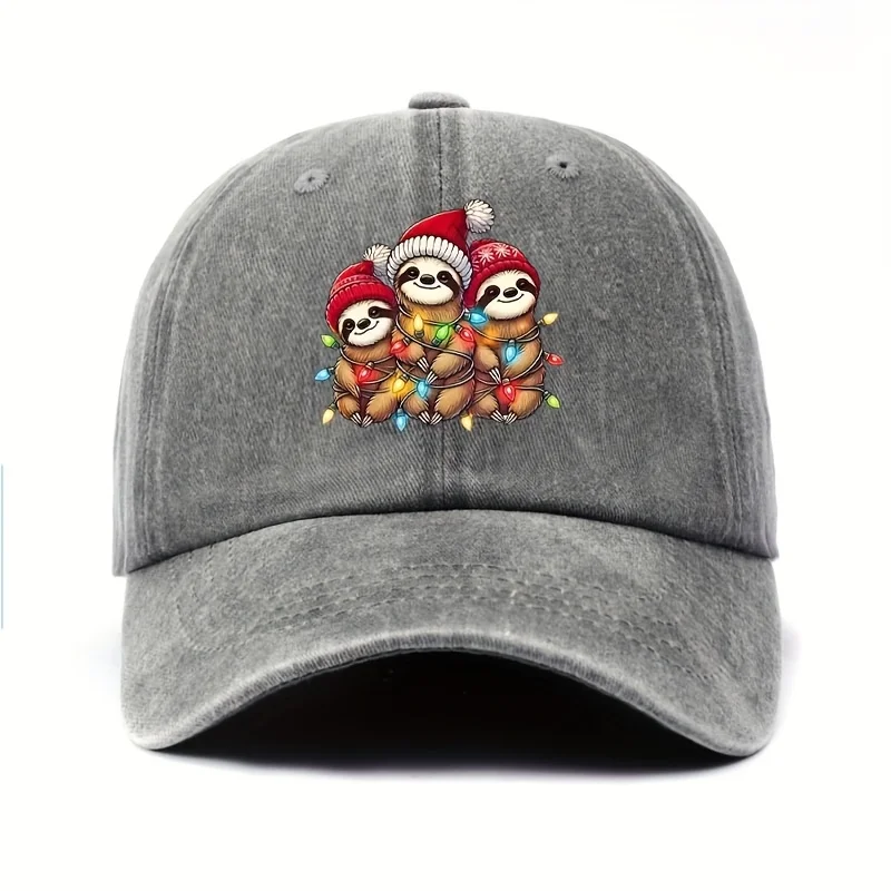 Women'S Comfortable Christmas Sloth Holiday Pattern Printed Washed Baseball Cap, Fun And Cute Vintage Style Outdoor Casual Sport