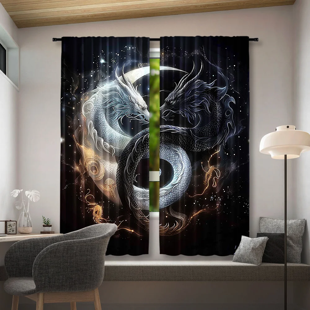 2pcs Yin-Yang Dragon Tai Chi Design Curtains - Celestial Motifs, Rod Pocket, Semi-Transparent Polyester, Ideal for Living Room,