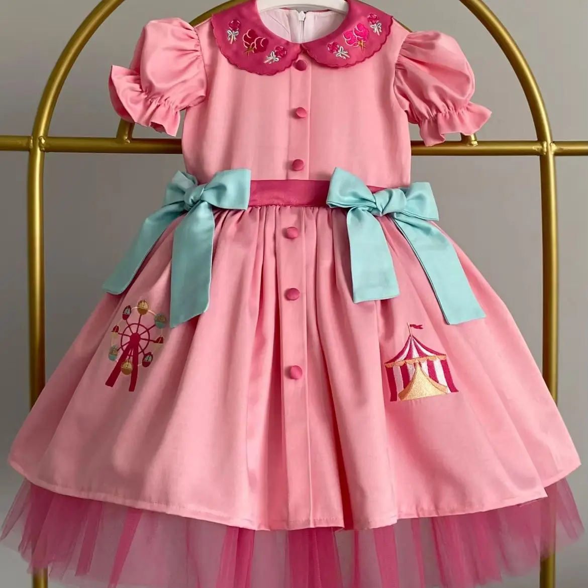 Girls Summer Pink Vintage Princess Dress with Circus Embroidery+two Bows Design for Birthday Party Holiday Photography B588