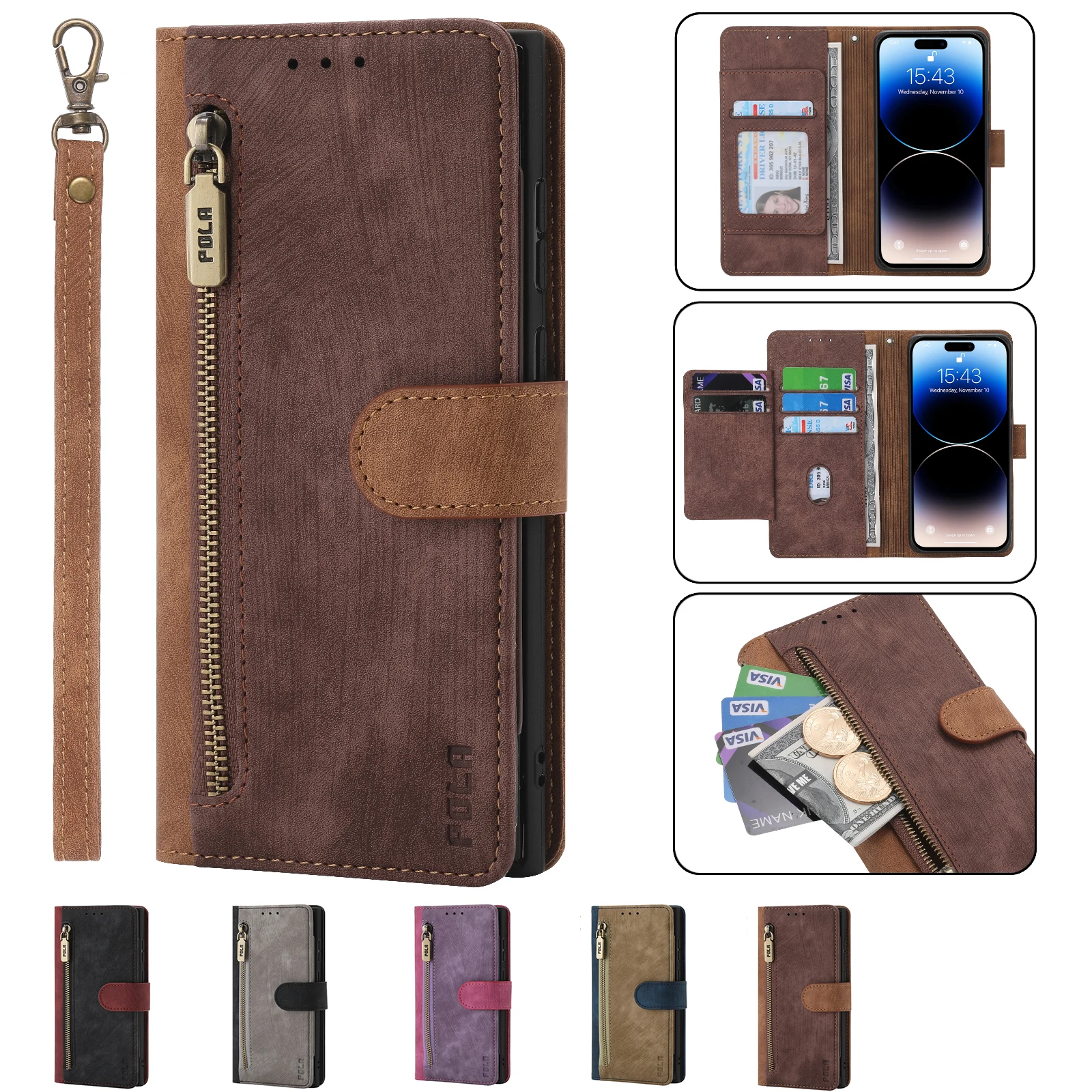 Zipper Multi 6-Card Lanyard Case for TCL 505 502 501 408 406 405 403 306 305 303 205 Retro Leather Wallet Case For TCL Stylus 5G