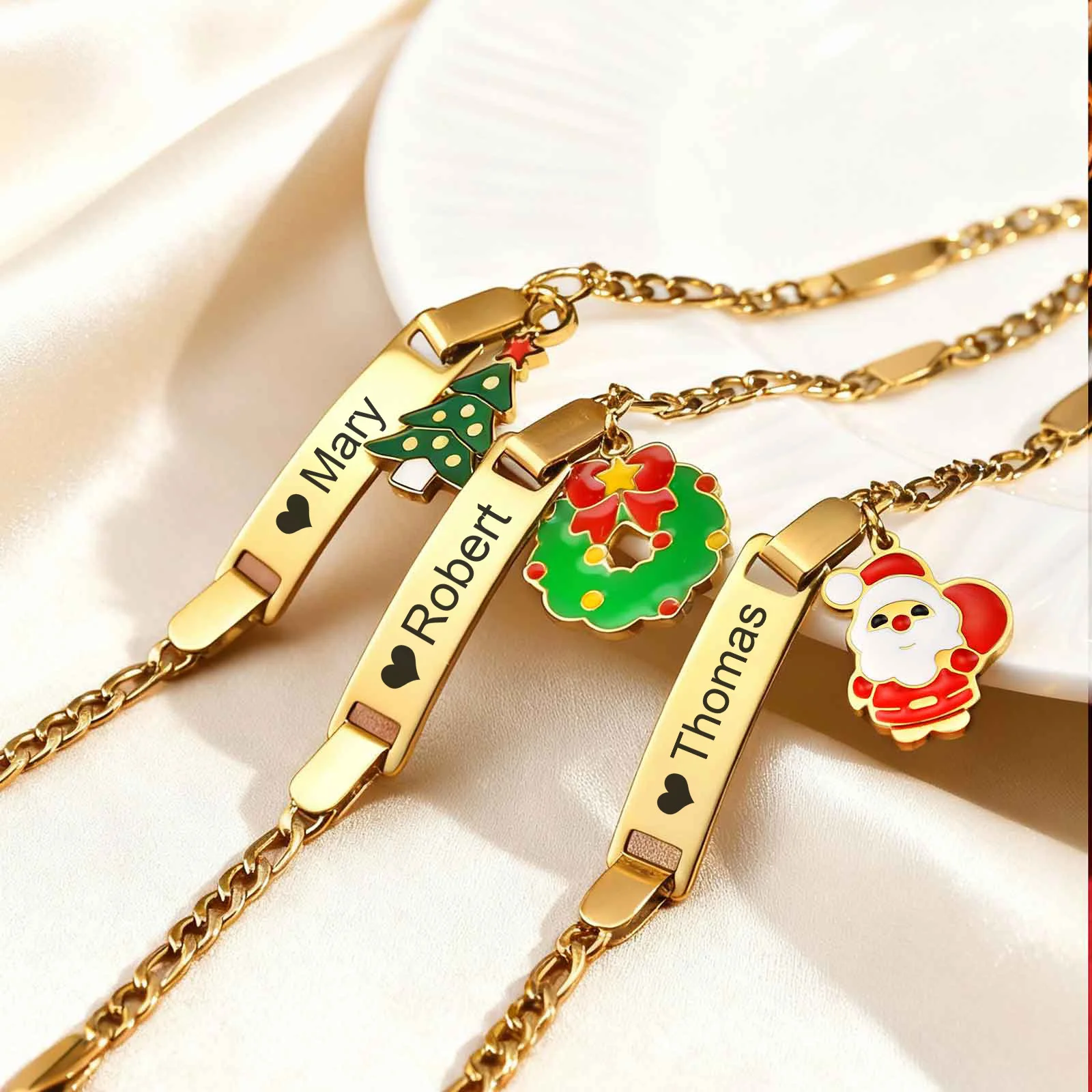 Vnox Cute Christmas Charms Free Engraving Baby Bracelet, Stainless Steel Custom Text Name Square Jewelry For Boys Girls