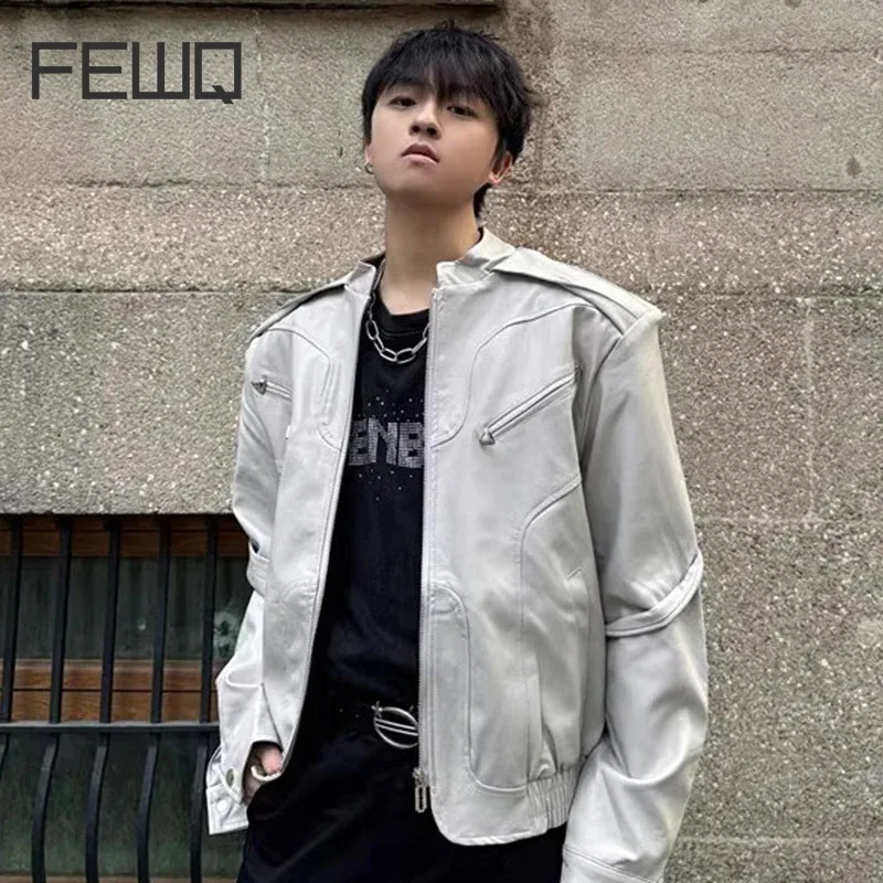 

FEWQ New PU Leather Jacket Trendy High Street American 2024 Solid Color Long Sleeve Darkwear Male Tops Fashion 24E2060