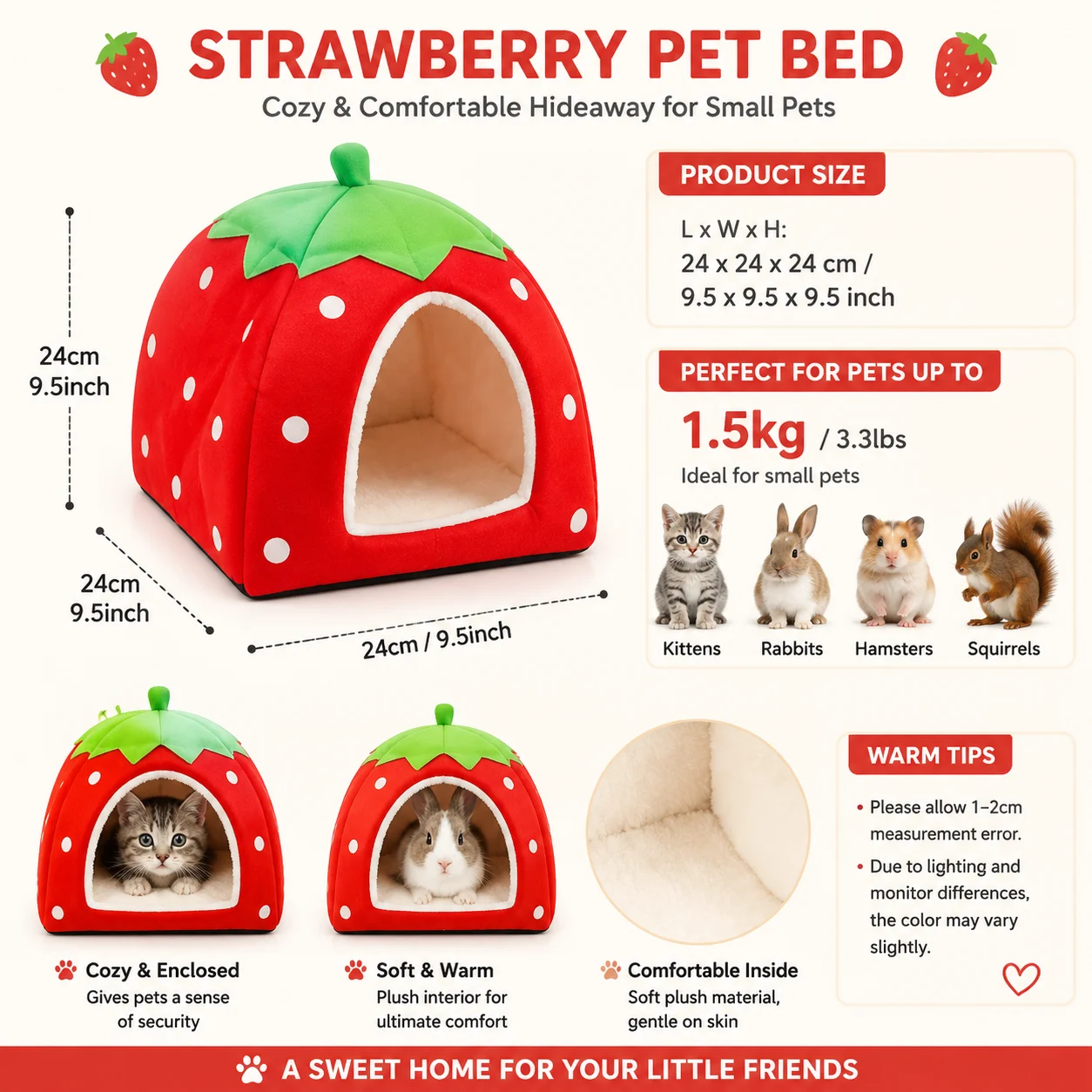 2PCS Rabbit Bed & Hay Feeder Bag Set, Strawberry Hideaway House, Hanging Hay Rack, Soft Cage Accessories for Bunny Guinea Pig