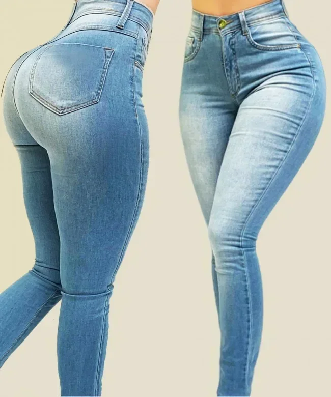 

2025 Women Office Lady Elastic Jean Leggings Pants High Waist Peach Hip Slim Seamless Pencil Denim Trousers Casual Jeans