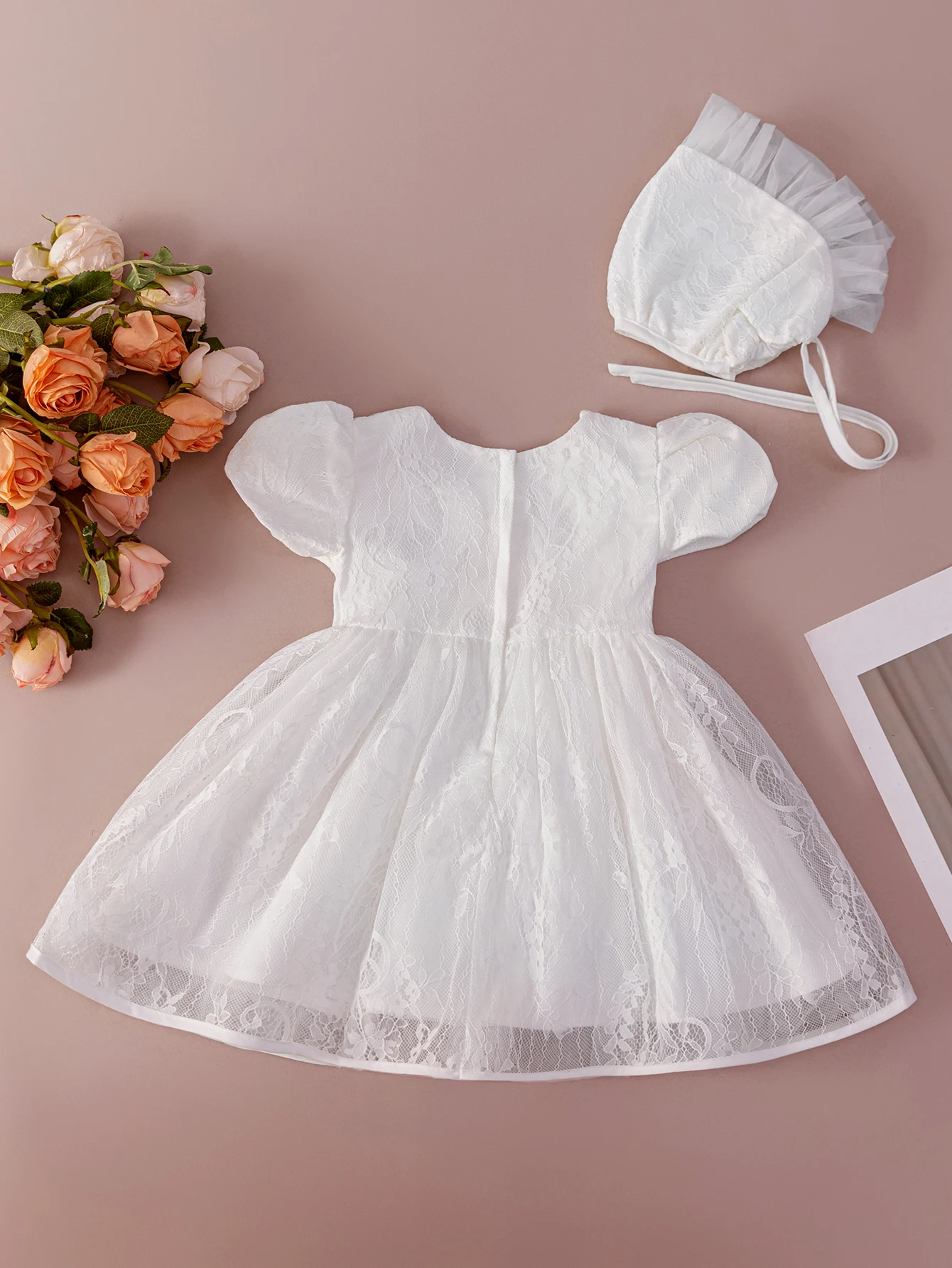 Infant Girl 0-2 Years Old White Lace Gauze Baptismal Dress With hat