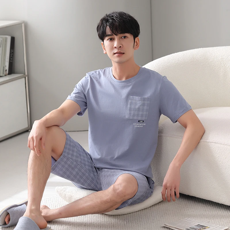 

Летний хлопковый мужской пижамный комплект с коротким рукавом и круглым вырезом, повседневная мягкая свободная мужская пижама, размеры 4XL-7XL