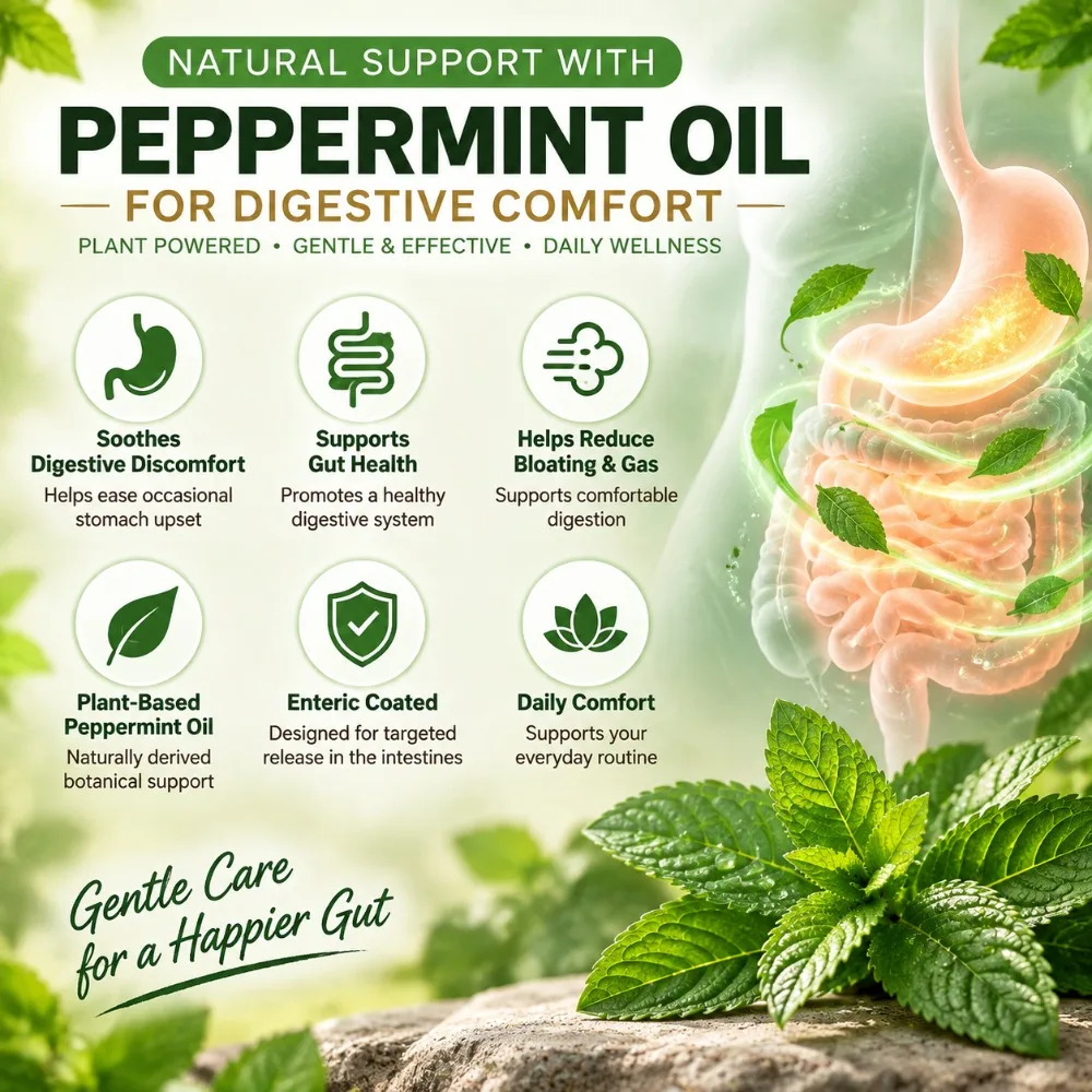 Soothes Occasional Digestive Discomfort - Peppermint Oil Capsules 0.2 mL Enteric Coated for Gut Health & Digestive Support, 60Ct