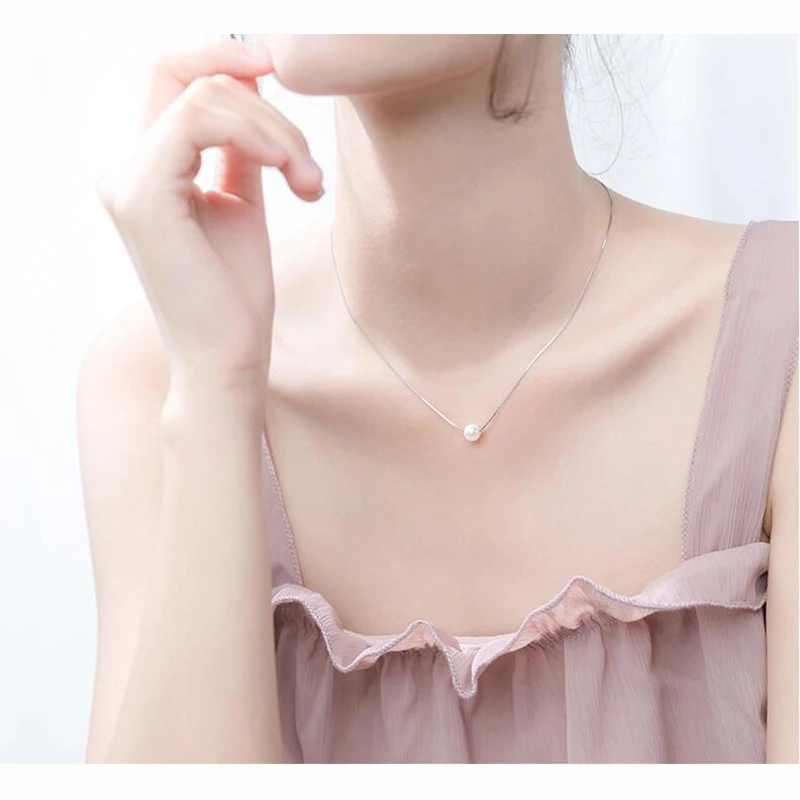 Trustdavis Luxury 925 Sterling Silver Fashion White 6 8 10mm Pearl Pendant 40cm Short Necklace For Women Wedding Jewelry DA189