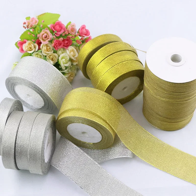 25 Yards/Roll Gold/Silver Organza Ribbon Width 0.6cm-5cm DIY Handicraft Accessories Tapes Wedding Supplies Cake Gift Decoration