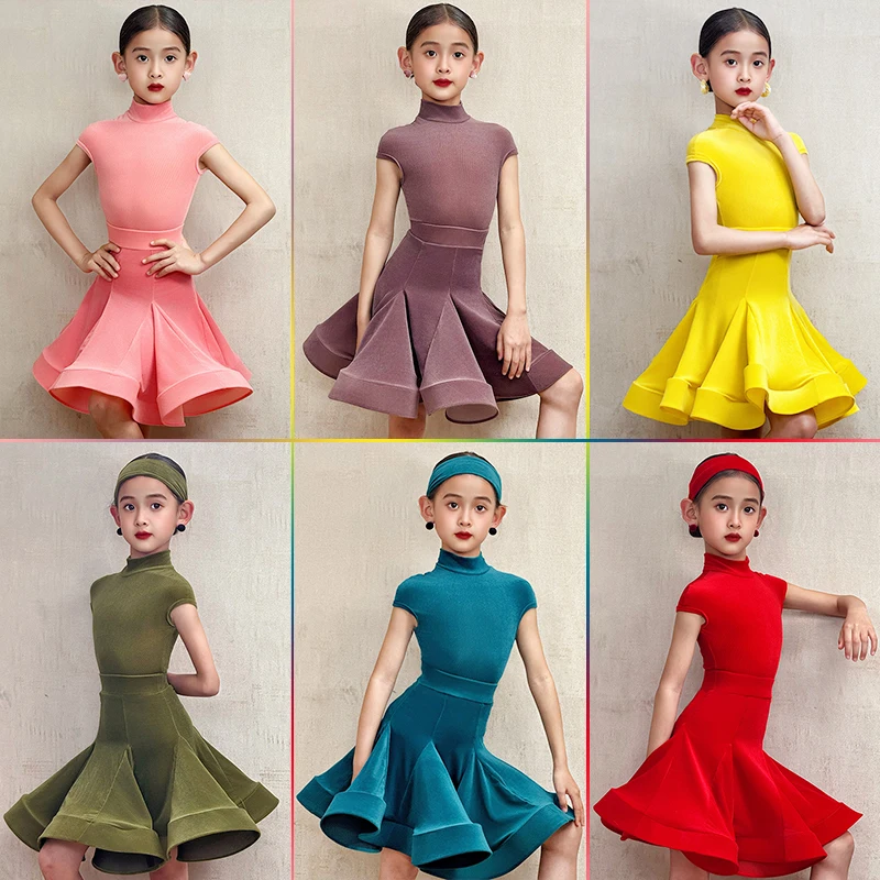 

New Spring/summer fashion girls' short-sleeved ultra-thin velvet high-end Latin dance competition uniform Stage costumes