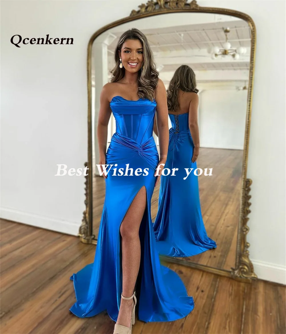 Qcenkern Long Blue Sweetheart Prom Dresses Mermaid Pleated Sweep Train Evening Dresses robe de soirée de mariage فساتين السهرة