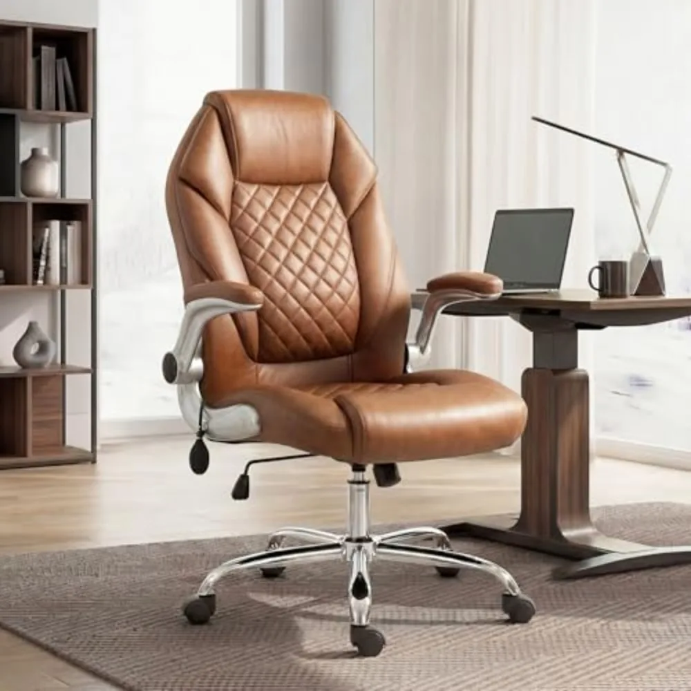 Executive Leather Chair, Ergonomic Office Chair, Lumbar Support | Brown Ergonomic Office Chair with High Back, Flip-Up