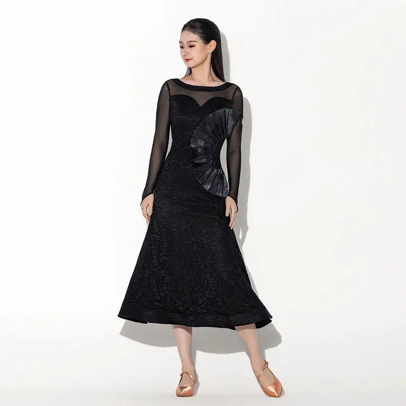 2026 Ballroom Dance Dress For Women Mesh Sleeved Round Neck Big Swing Fishbone Dress Adult Waltz Modern Dance Dress  DQS22245