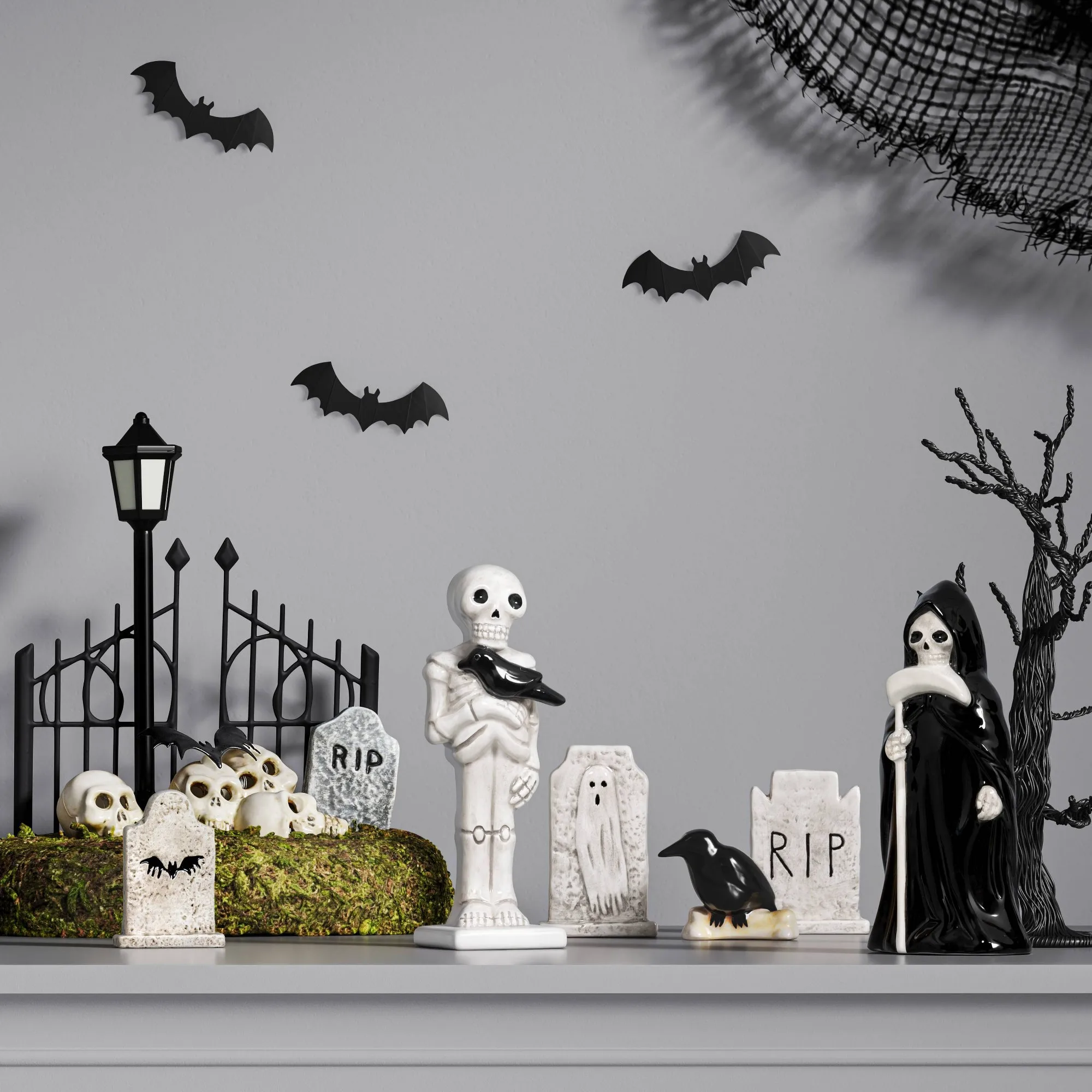 Ceramic Skeleton Figurine Halloween Tabletop Decor, Spooky White Accent For Mantel Shelf Party Display view 2