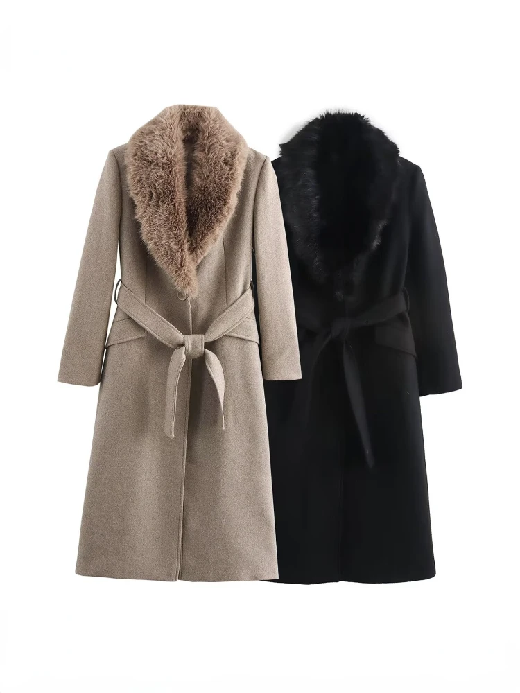 ZBZA Woman's Faux Fur Lapel Coat Removable Faux Fur Collar Belt Decorated French Long Overcoat Winter New Female Chic Outerwear