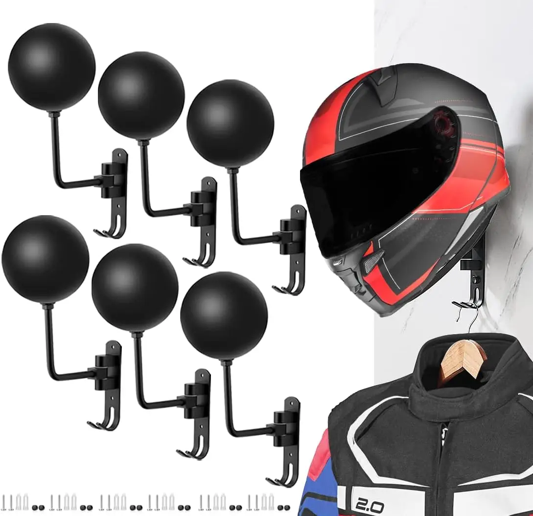 

6-Pack 180° Rotating Motorcycle Helmet Wall Mount with Hooks for Bike Gear, Caps, and Sports Helmets - Black