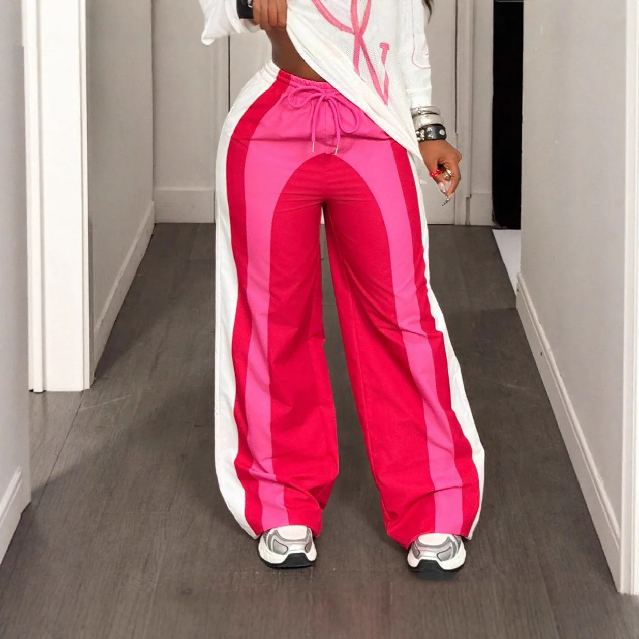 

Women's Colorblock Wide Leg Track Pants Elastic Drawstring Waist Loose Fit Pants Spring Y2K Streetwear & Casual Sporty Outfit