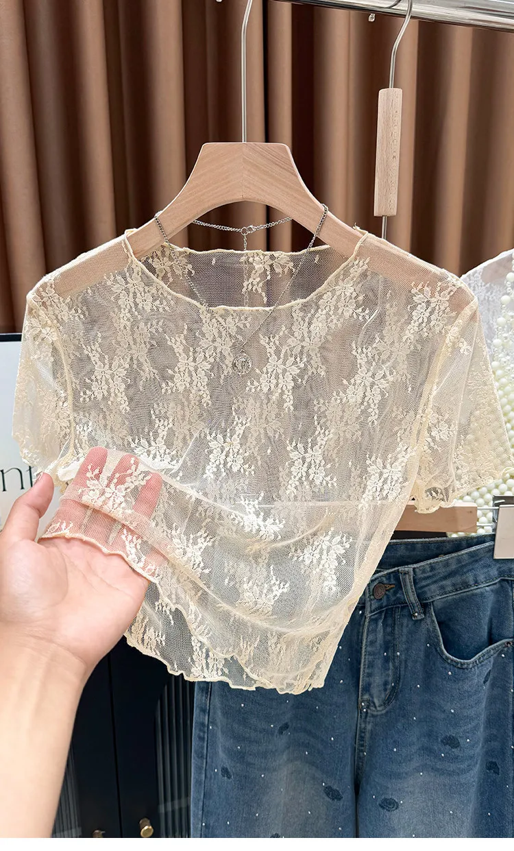 Kurzärmeliges T-Shirt mit Holzohren-Spitzenkante und hohlem Spitzenmuster, Damen-Trägerrock mit Anti-Licht-Effekt, kurzes Oberteil aus Eisseiden-Mesh – Detail 18