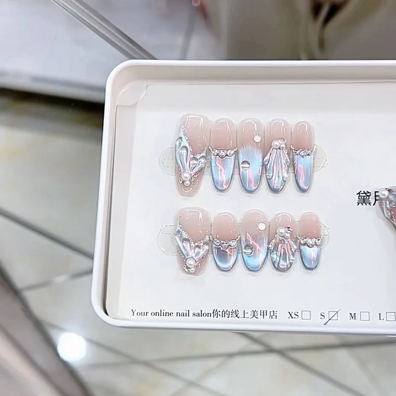 Handmade Nail Tips 3d Fish Tail Stick-on Nails for Gluing Ready Rhinestone Press on Nail False Nails Woman with Box and Tools