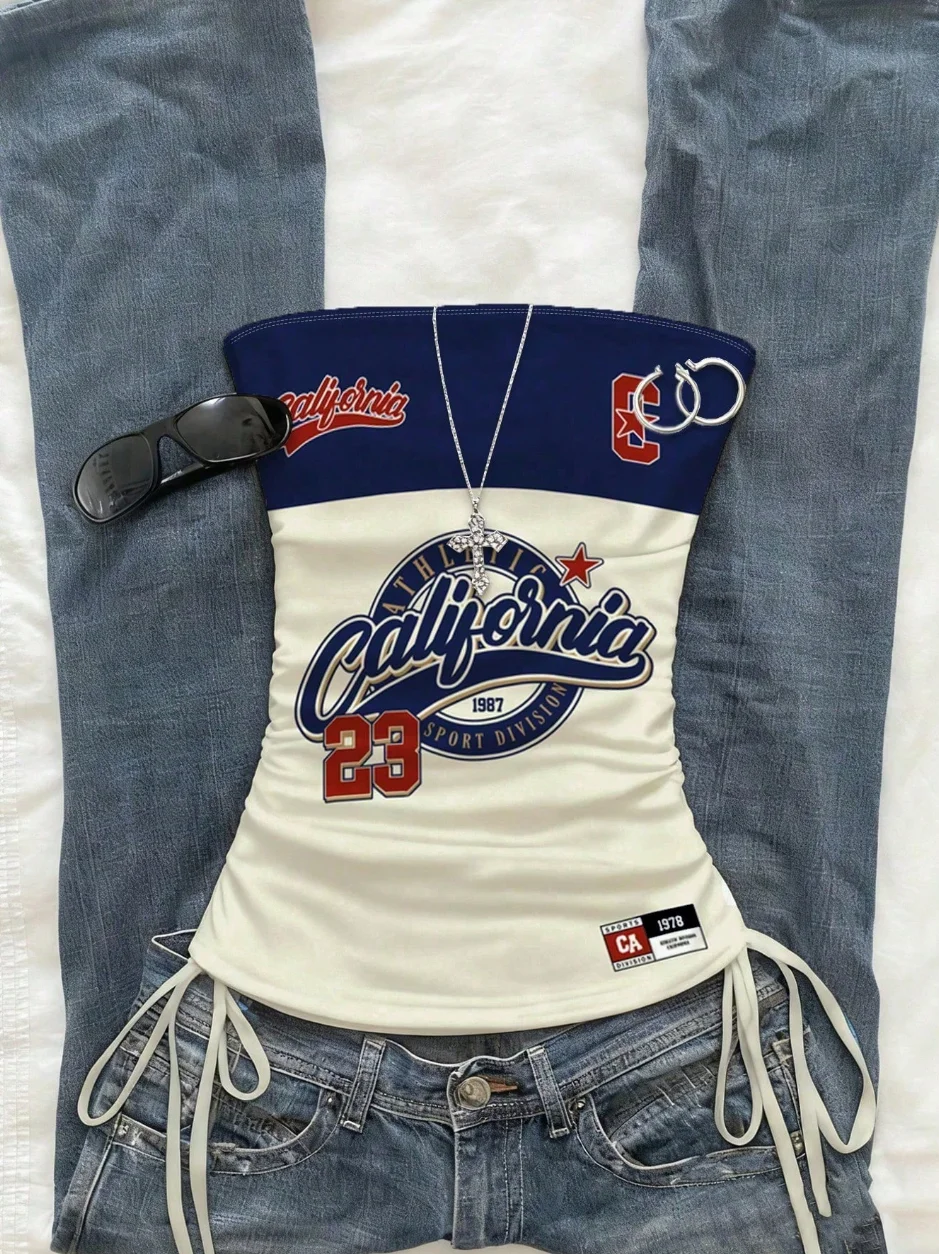 

Укороченный топ, женский летний укороченный топ с завязками спереди и вырезами, модный спортивный топ с принтом и бретелями в курортном стиле