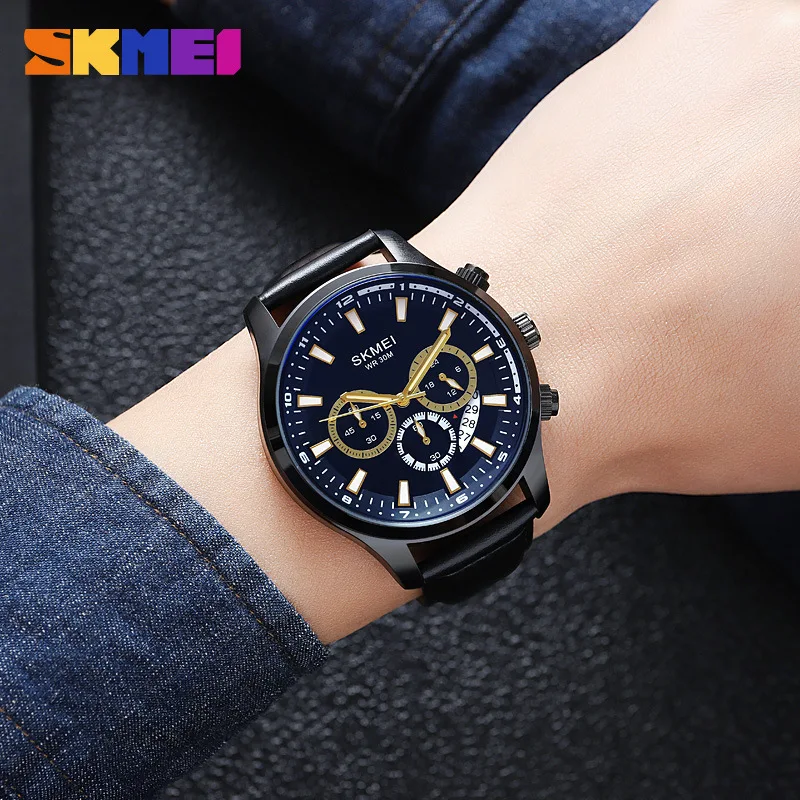 Skmei Fashion Six-Pin Three-Eye Dial Chronographe Genuine Leather Men's Business Watch