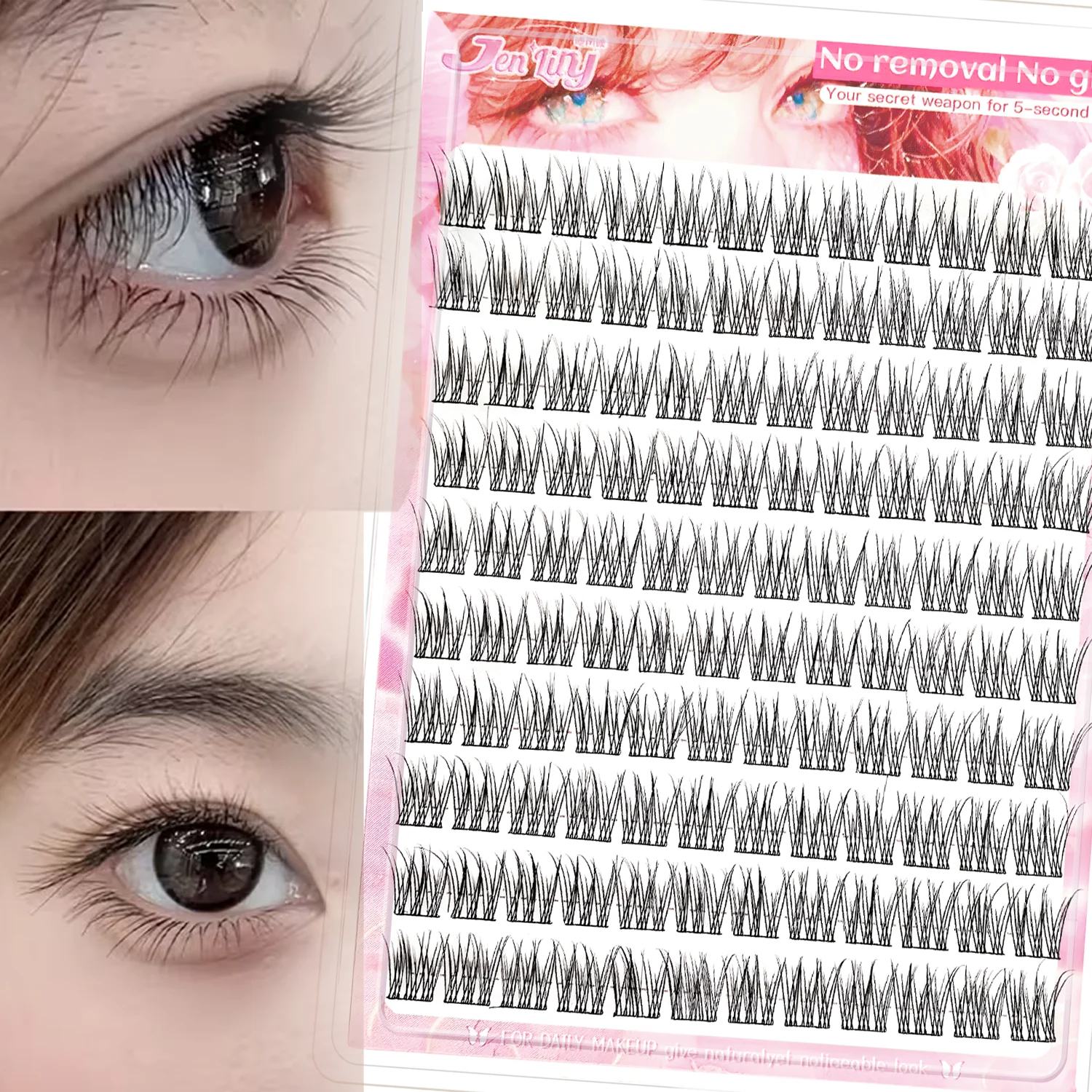 110PCS Self-Adhesive Eyelashes Triple Fish Tail Design Fine Black Stem Transparent False Lashes for Natural Look