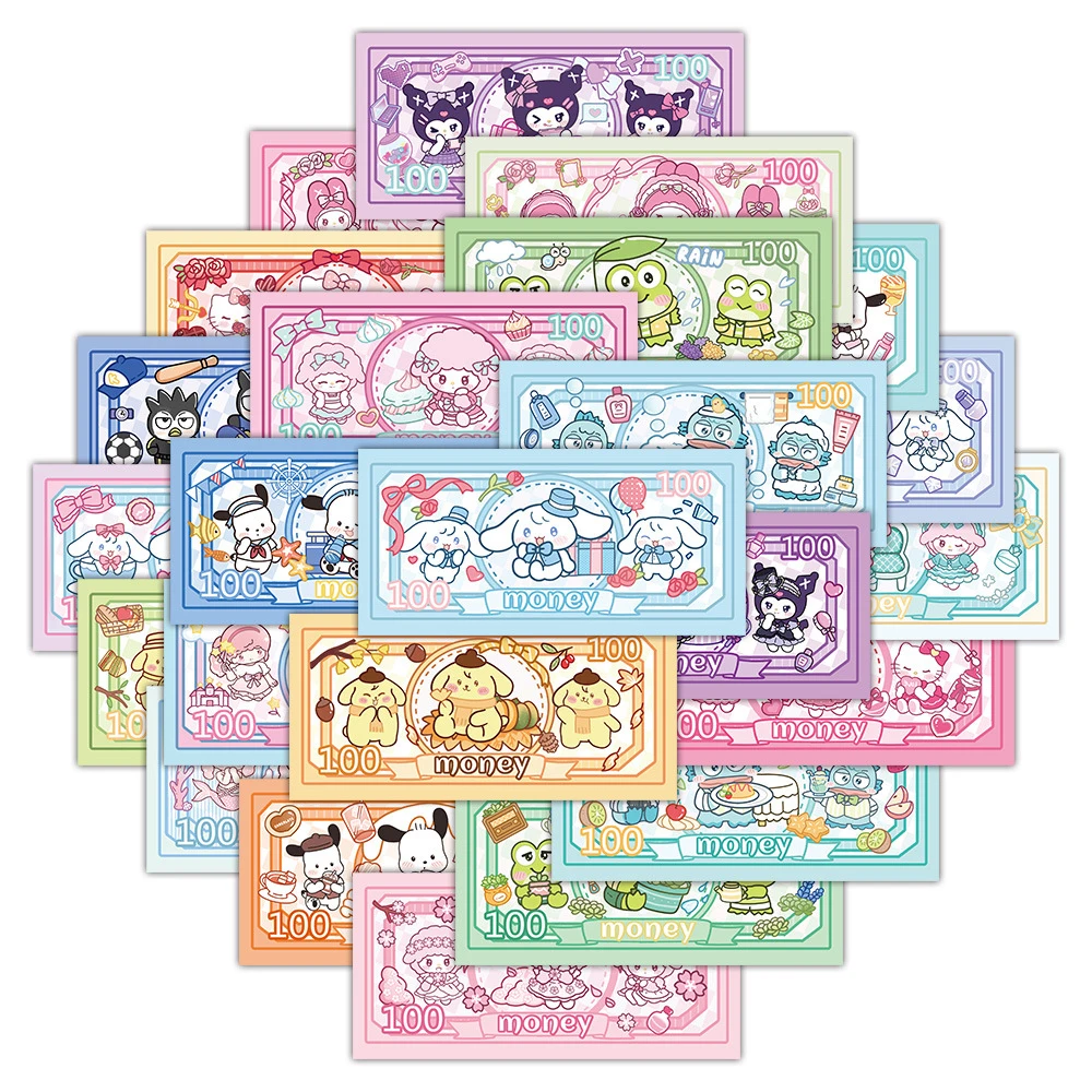 

28pcs Cute Sanrio Paper Money Cartoon Stickers Kuromi Hello Kitty Decals Phone Laptop Notebook Fun Graffiti Sticker for Kids Toy