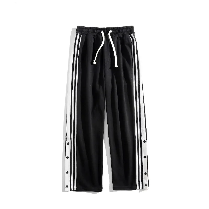 Spring Autumn Men's Solid Elastic High Waisted Striped Buttons Casual Loose Wide Leg Sportswear Trousers Fashion Vintage Pants