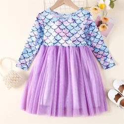 Girls Long Sleeved Mermaid Dress Children Princess Tutu Dress Summer Prom Dresses Kids Birthday Party Casual Clothes