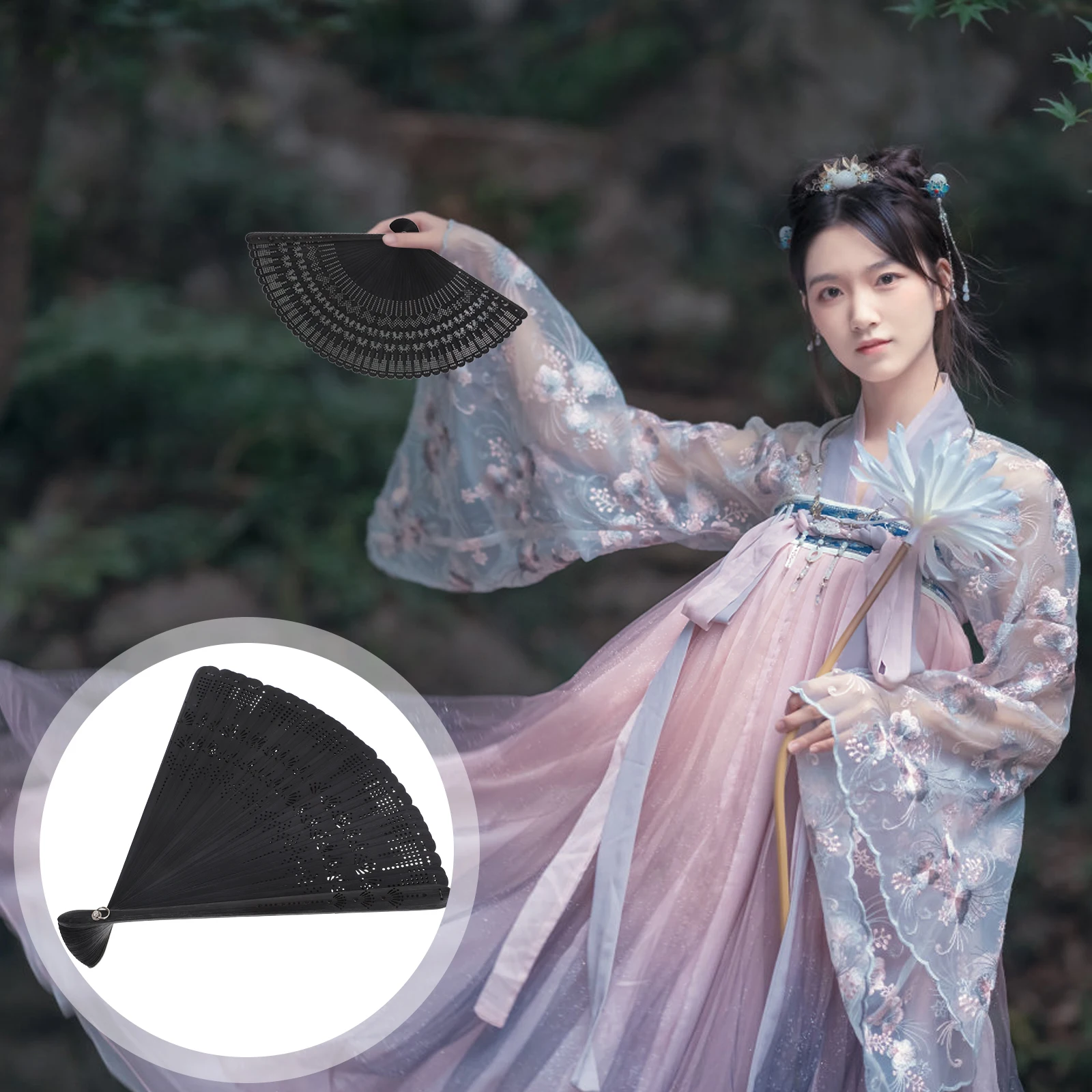 

Bamboo Folding Fan Hand Fans for Women Black Retro Decor Silk Vintage Wedding Party Gift Stage Show Accessories Home Crafts