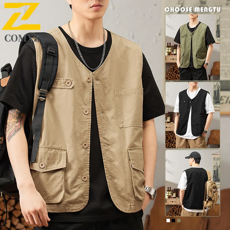 

2025 New Men's Casual Vest Solid Color Multi-pocket Cotton Breathable Sleeveless Vests Camping Fishing Photography Waistcoat Top
